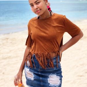 Tan Suede Crop Top with Fringes